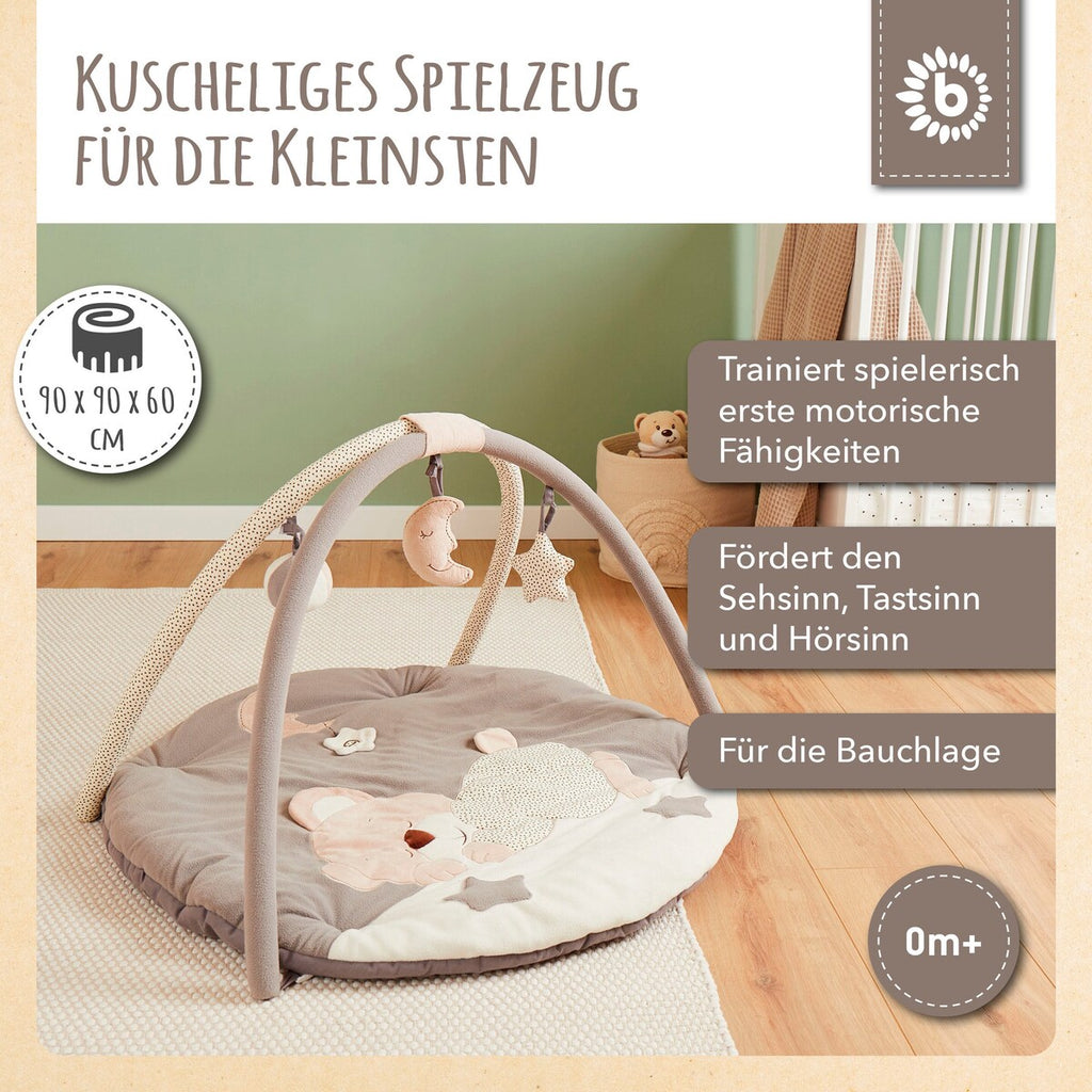 babyteppe med aktivitetsbue plysj 90x90 cm bakside