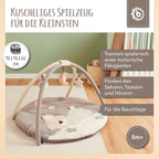 babyteppe med aktivitetsbue plysj 90x90 cm bakside