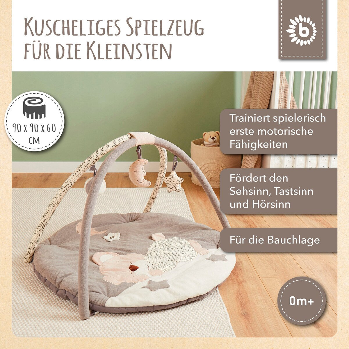 babyteppe med aktivitetsbue plysj 90x90 cm bakside