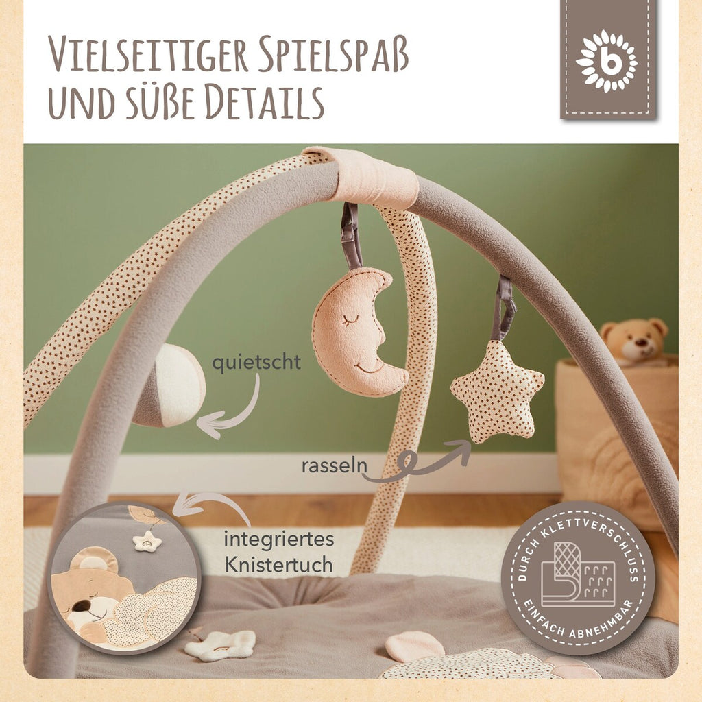 babyteppe med aktivitetsbue plysj 90x90 cm detalj av leker