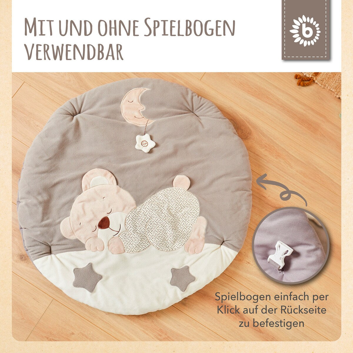 babyteppe med aktivitetsbue plysj 90x90 cm montert