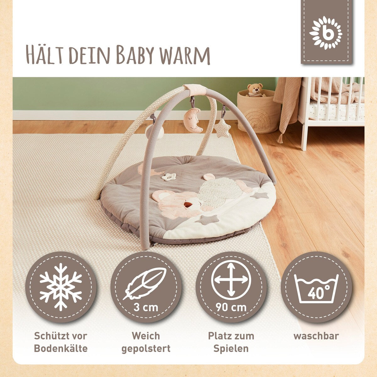 babyteppe med aktivitetsbue plysj 90x90 cm nærbilde av materiale