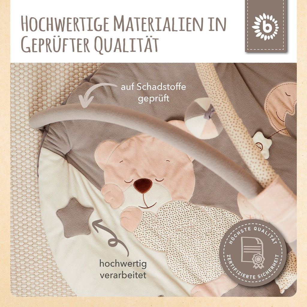 babyteppe med aktivitetsbue plysj 90x90 cm med leker