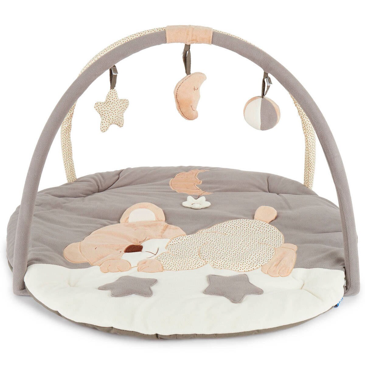 babyteppe med aktivitetsbue plysj 90x90 cm sett fra siden
