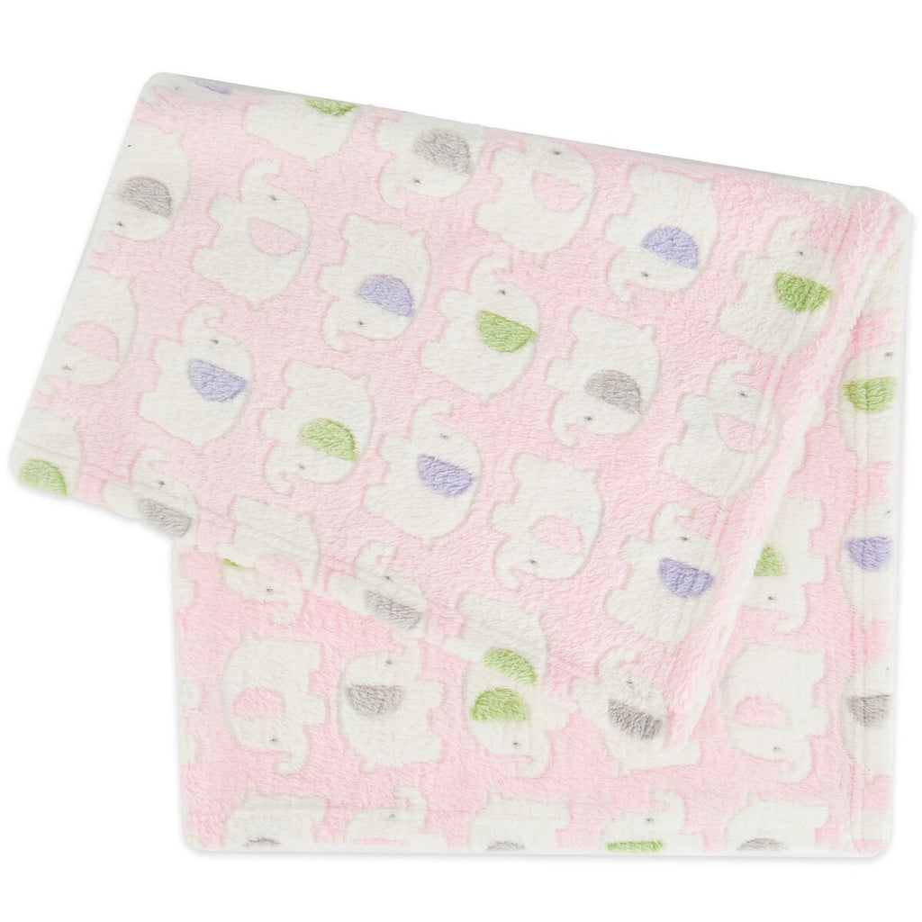 Babyteppe med elefanter fleece rosa forfra