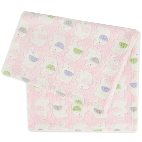 Babyteppe med elefanter fleece rosa forfra