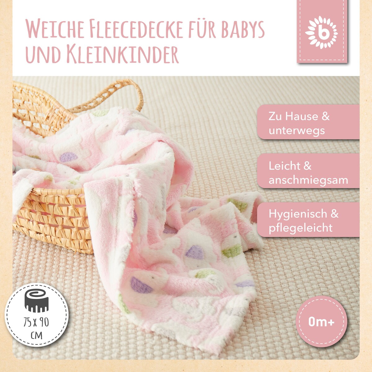Babyteppe med elefanter fleece rosa bakside