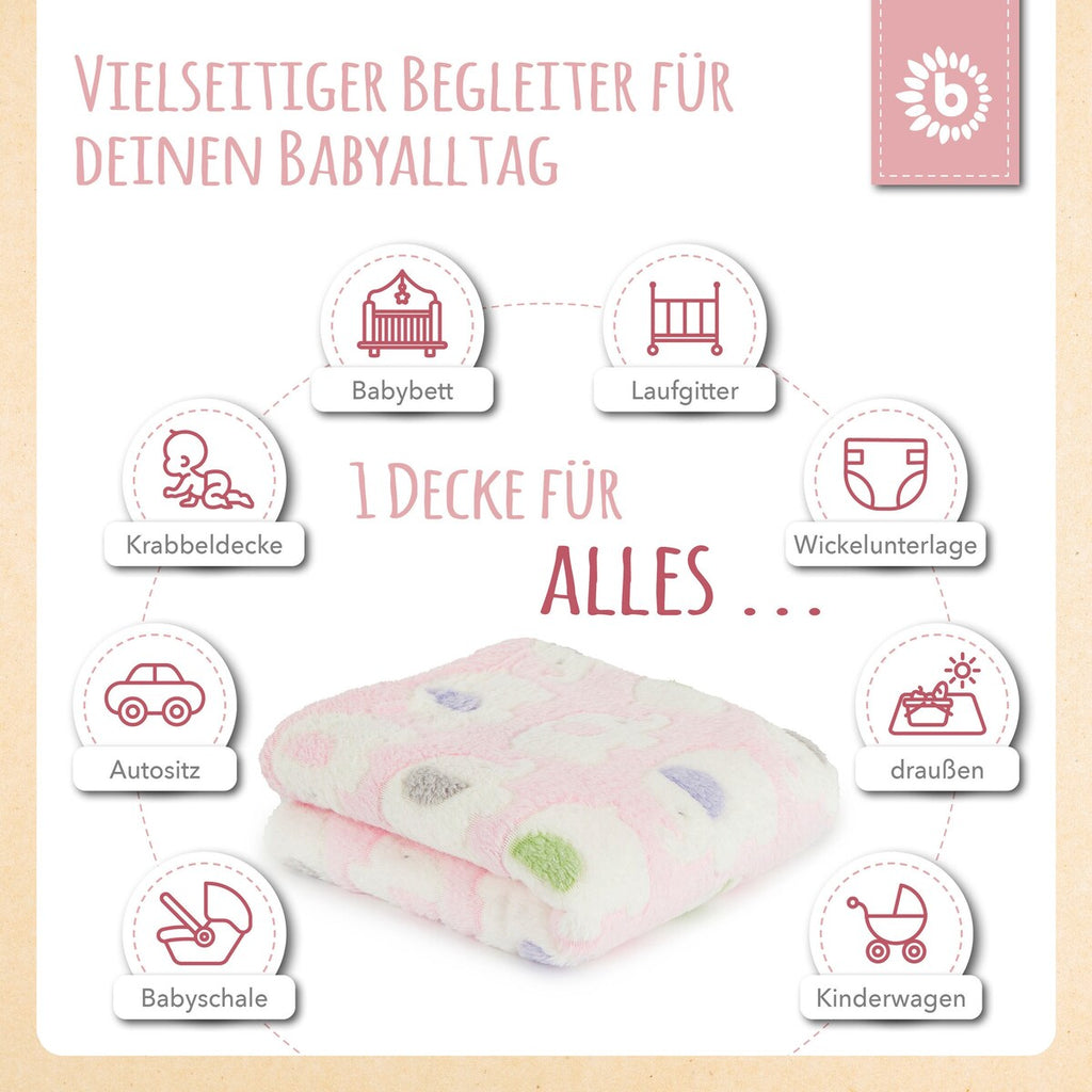 Detalj av elefantmotiv på babyteppe fleece rosa