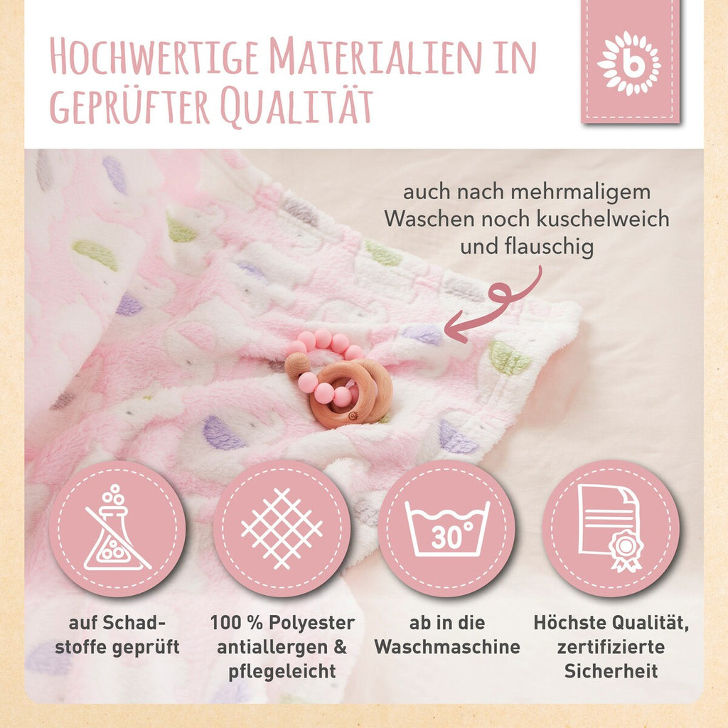Nærbilde av mykt fleece materiale på babyteppe med elefanter rosa