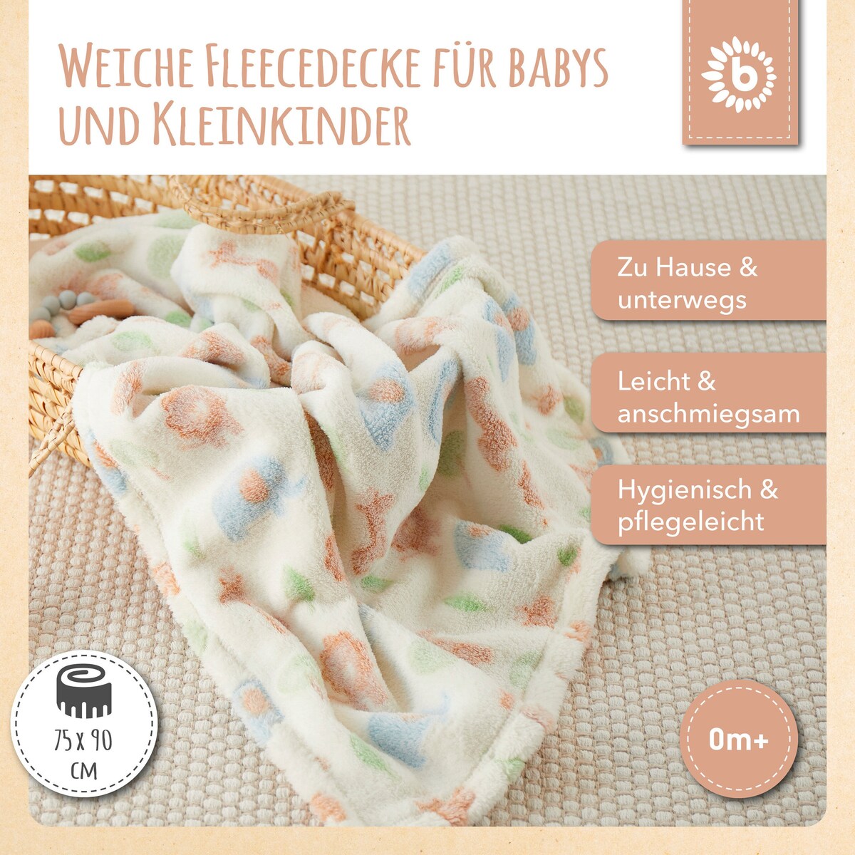 Babyteppe i fleece med dyremotiv 75x90 cm fra fødsel bakside
