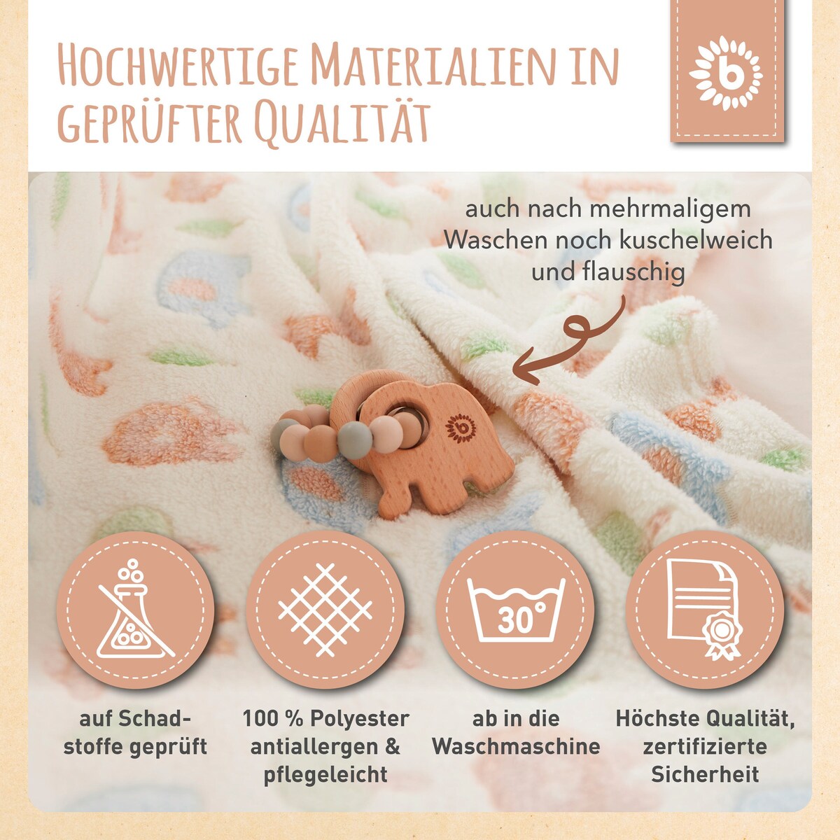 Nærbilde av fleece materiale på babyteppe i fleece med dyremotiv 75x90 cm fra fødsel