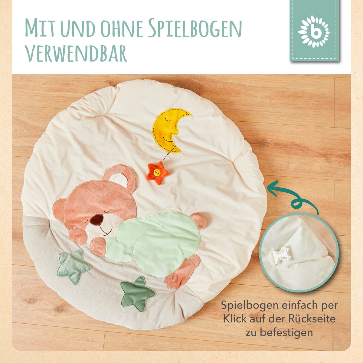 Montert babyteppe med aktivitetsbue bomull 90x90 cm fra Bieco med lekesaker