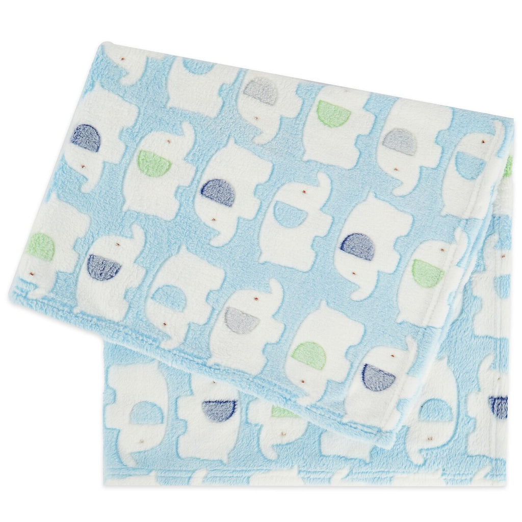 Babyteppe med elefanter fleece blå 75x90 cm forfra