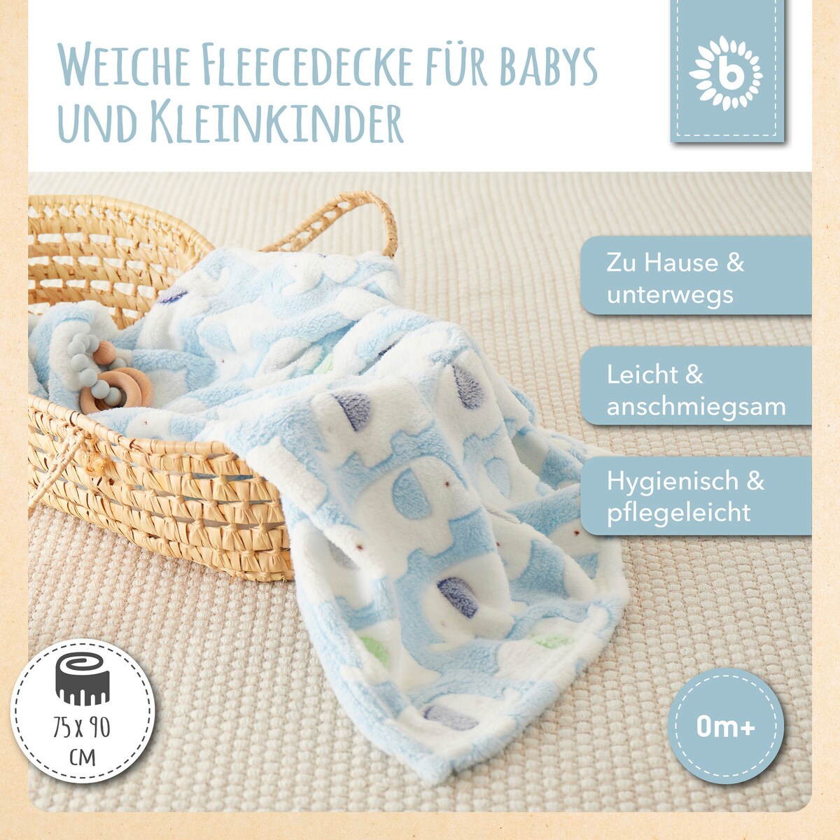 Babyteppe med elefanter fleece blå 75x90 cm bakside
