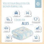 Detalj av elefantmotiv på Babyteppe med elefanter fleece blå 75x90 cm