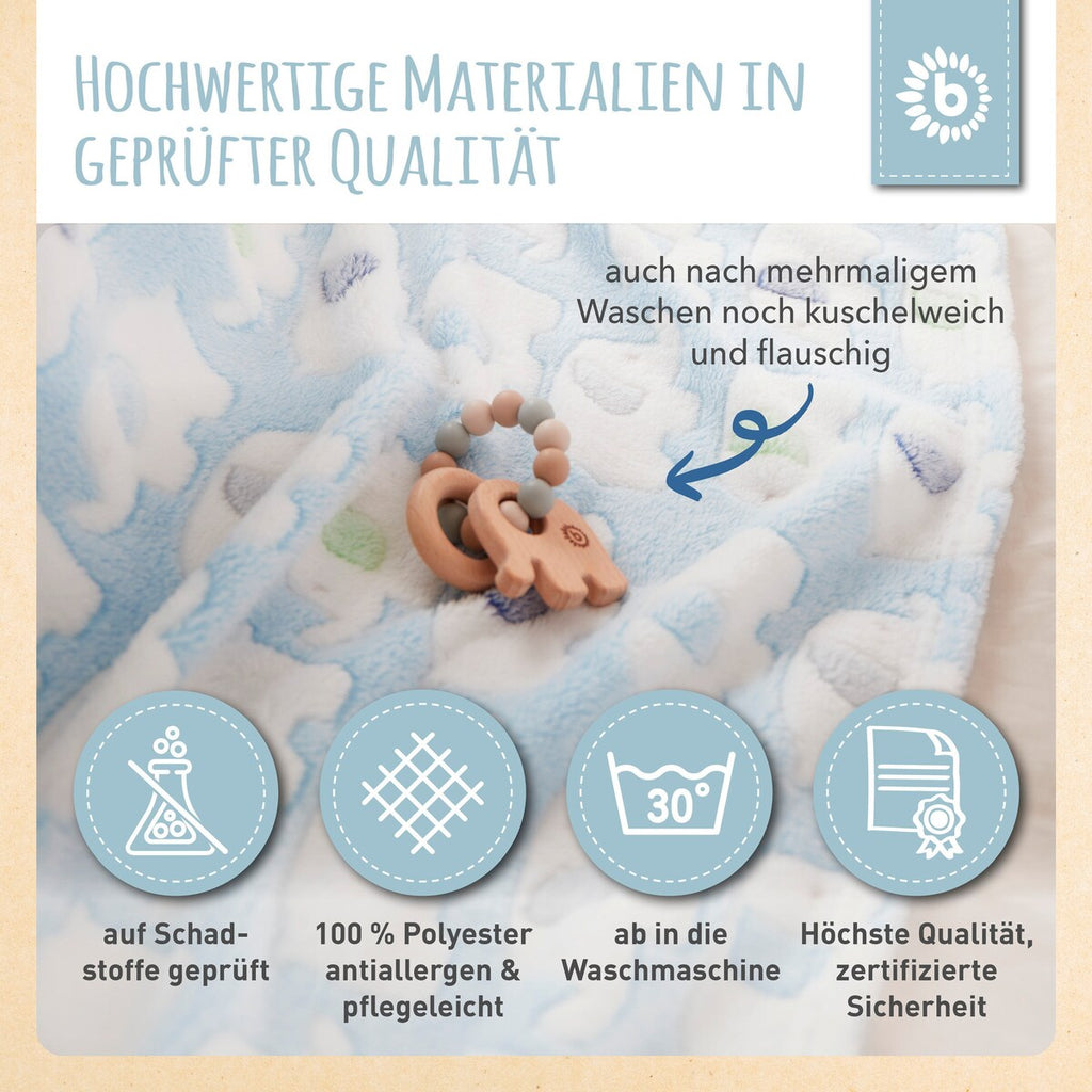 Babyteppe med elefanter fleece blå 75x90 cm brettet