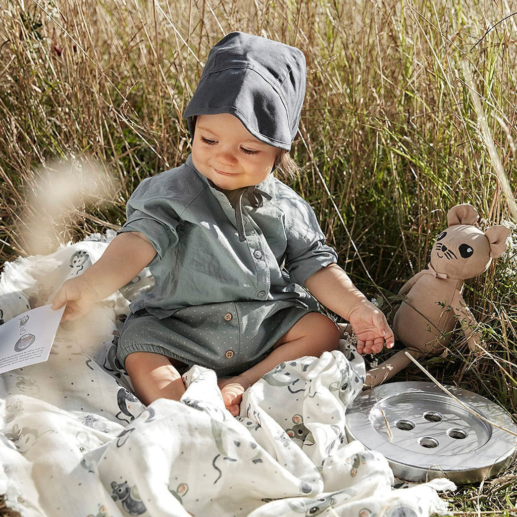 Babyteppe myk bomull 75x100 cm Forest Mouse Oeko-Tex fransedetalj