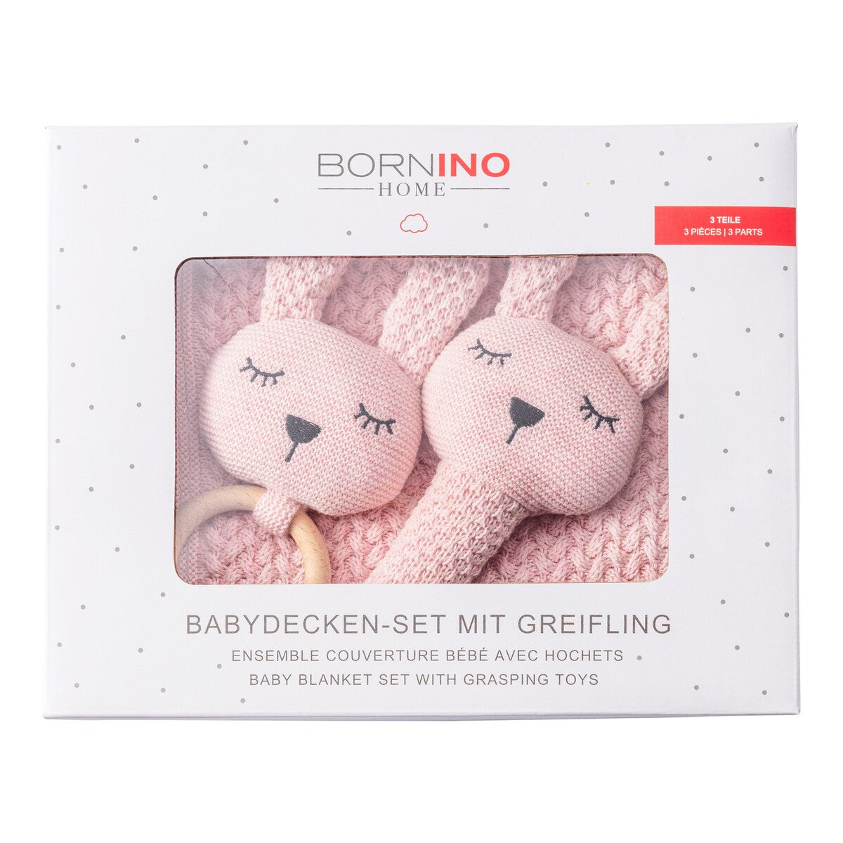 Nærbilde av gripering med rattel på Babyteppesett med kanin gripering
