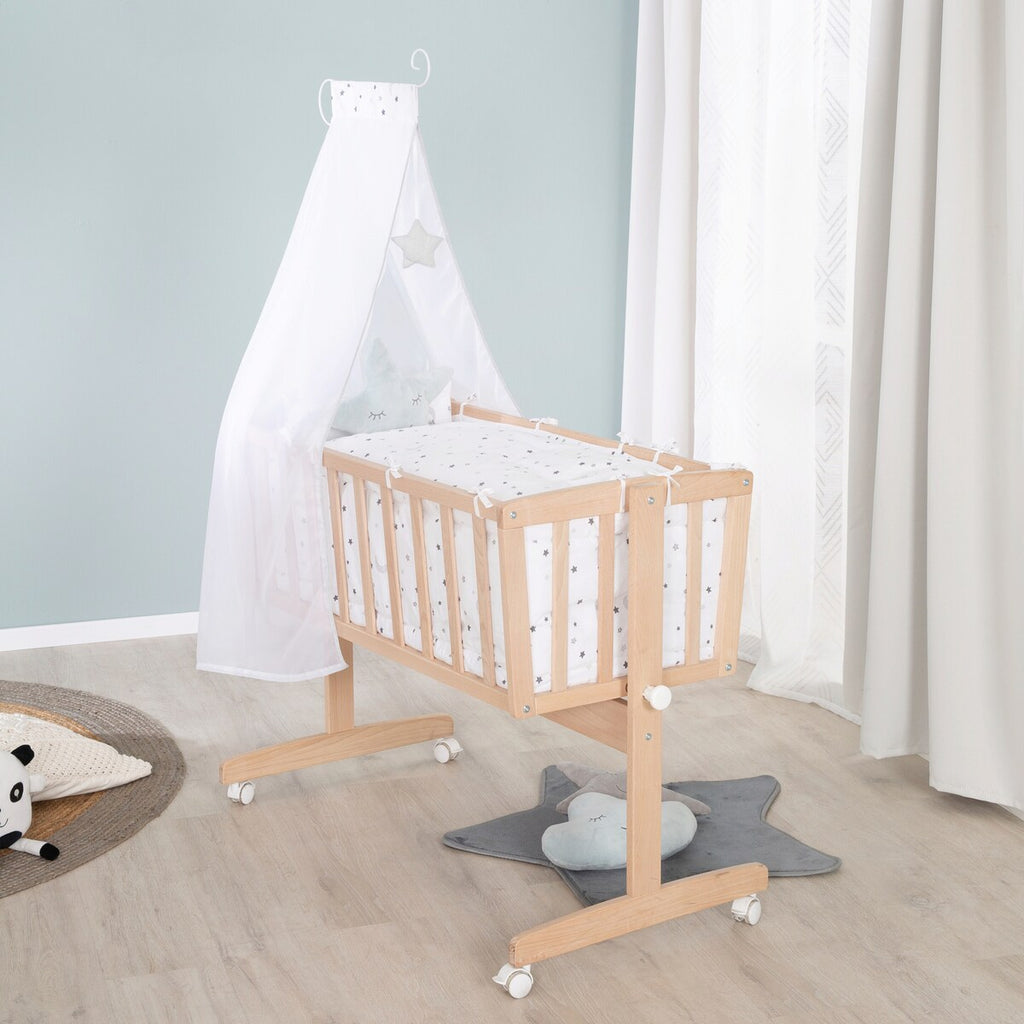 Babyvugge komplettsett Sternenzauber grå 90x40 cm montert med himmel