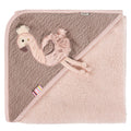 badehankle med hette flamingo-applikasjon for baby fehn forfra