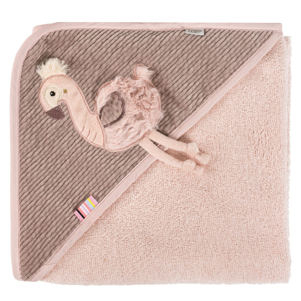 badehankle med hette flamingo-applikasjon for baby fehn forfra