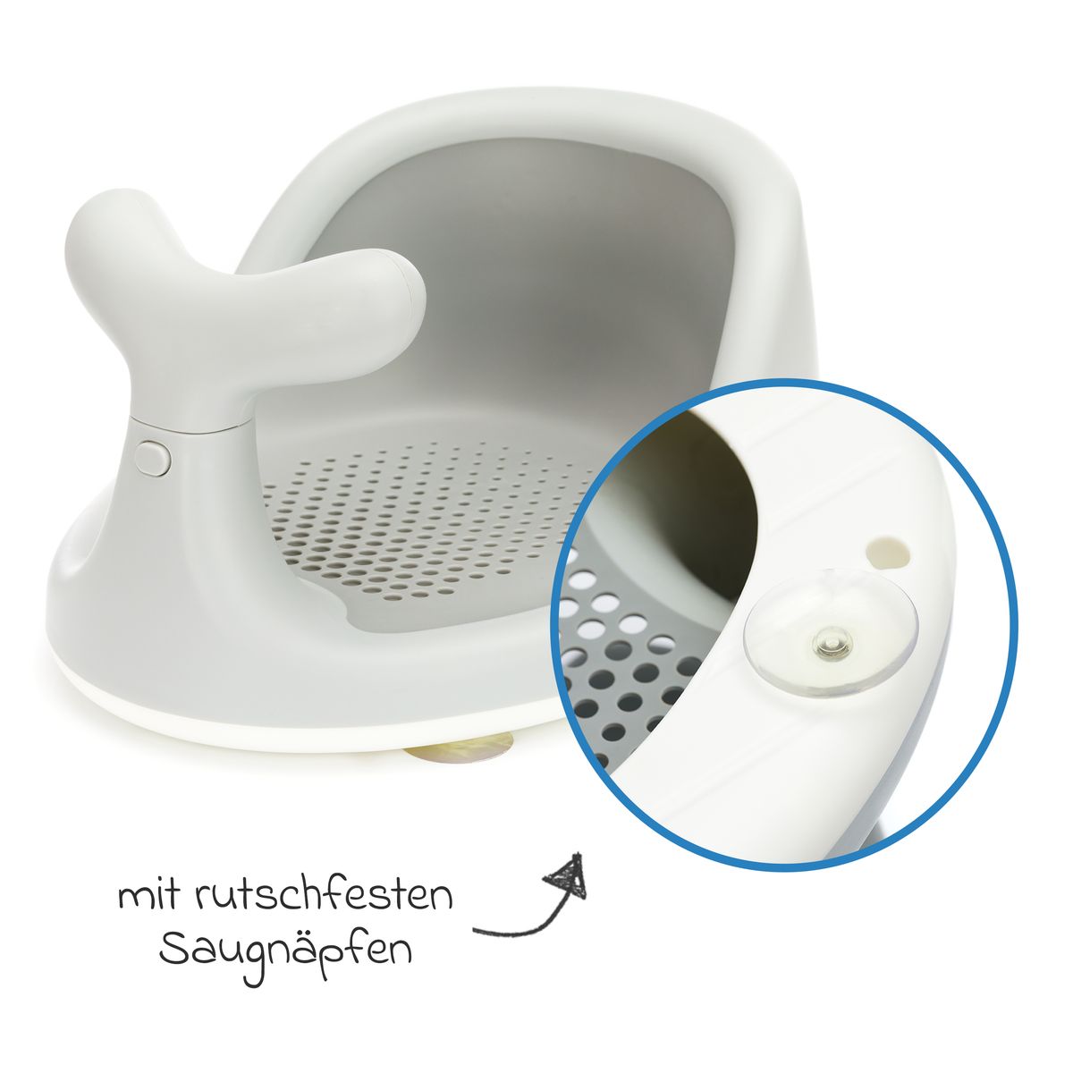 Badekarsete Hval ergonomisk med sklisikre sugekopper med avløpssystem detalj