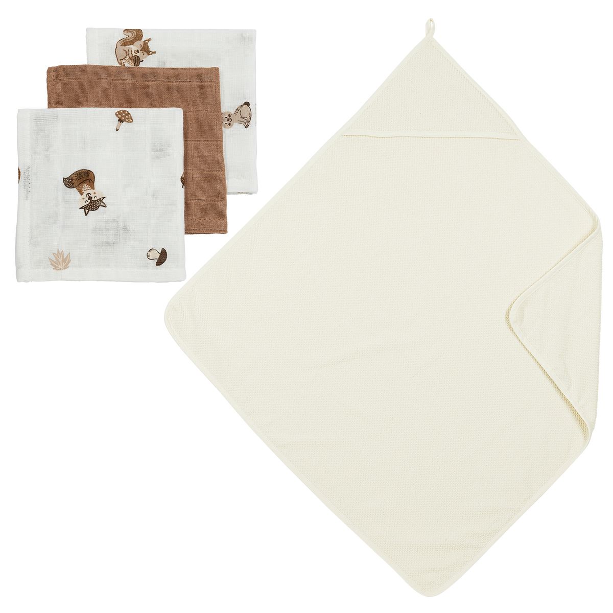 Badesett 4 deler hettehåndkle 75 x 75 cm og 3 vaskekluter - Meyco for baby