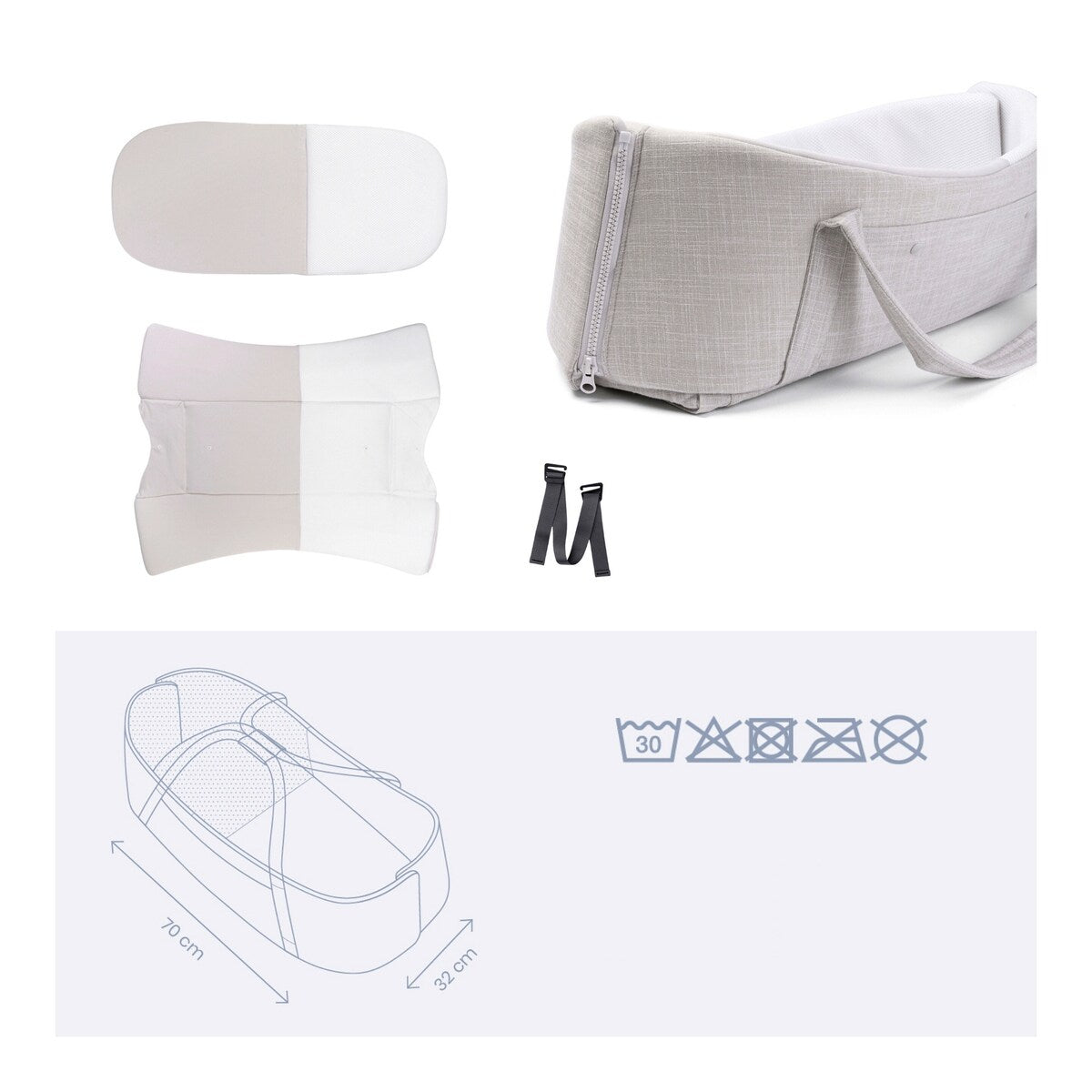 Bærbart babynest Nest'n Go 70x32 cm med bæreveske i sammenfoldet tilstand