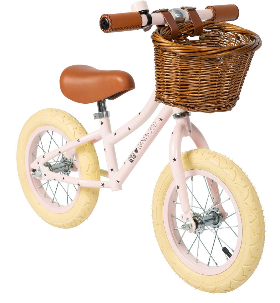 Balanssykkel First Go Bonton R 12 tommer rosa med kurv bakside