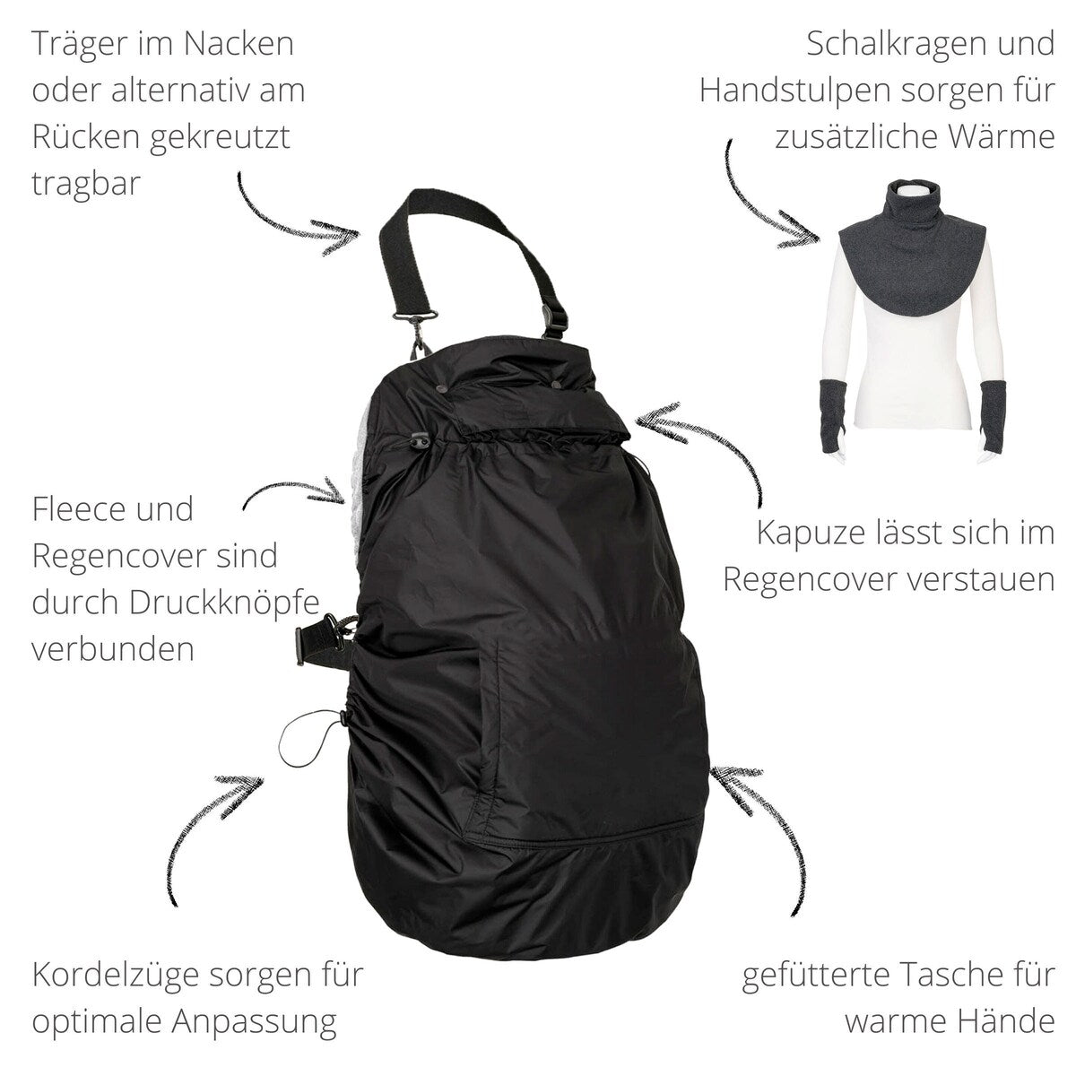 Bæretrekk 3-i-1 fleece med regnbeskyttelse og sjalkrage snorer og justering