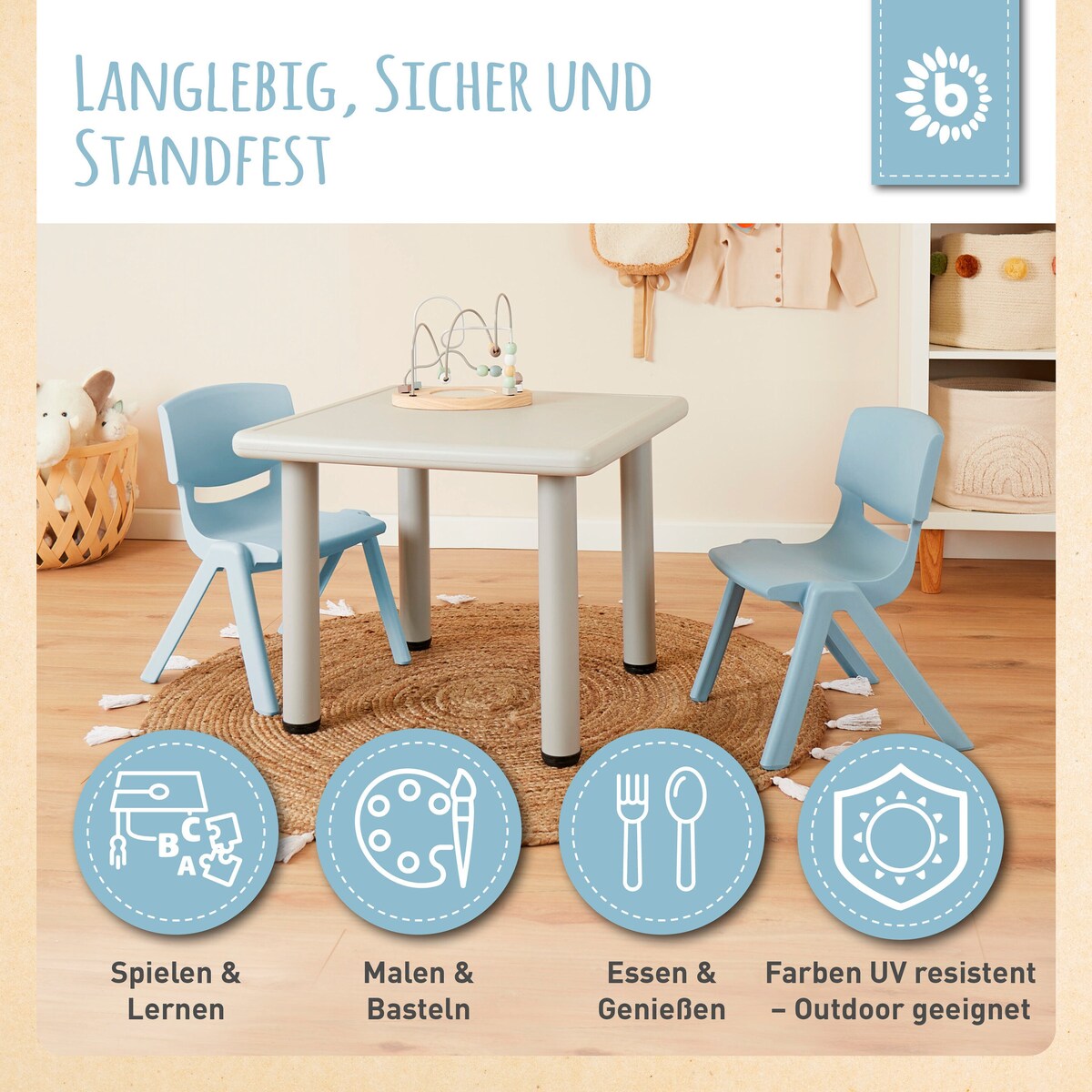 Barnebord med 2 stoler stablbart og veltsikkert plast fra 2 år Bieco stablet sett