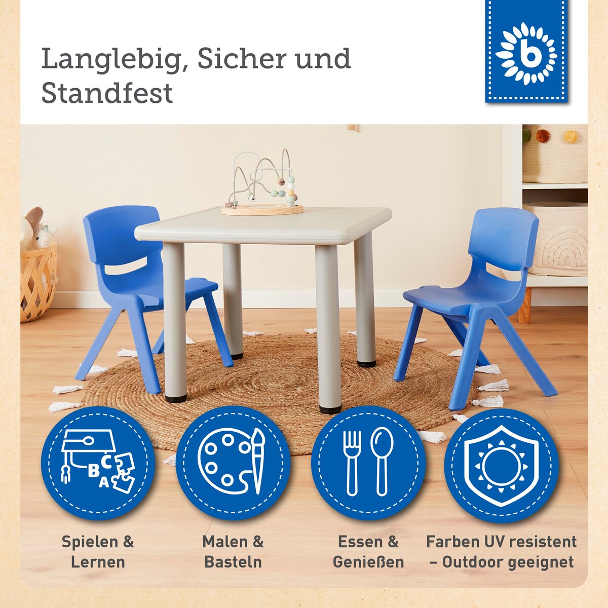 Barnebord med 2 stoler for inne og ute i plast fra 2 år stablet