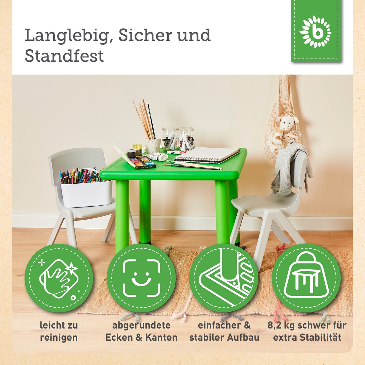 Barnebord i plast grønn høydejusterbart 62x62x52 cm nærbilde av ben