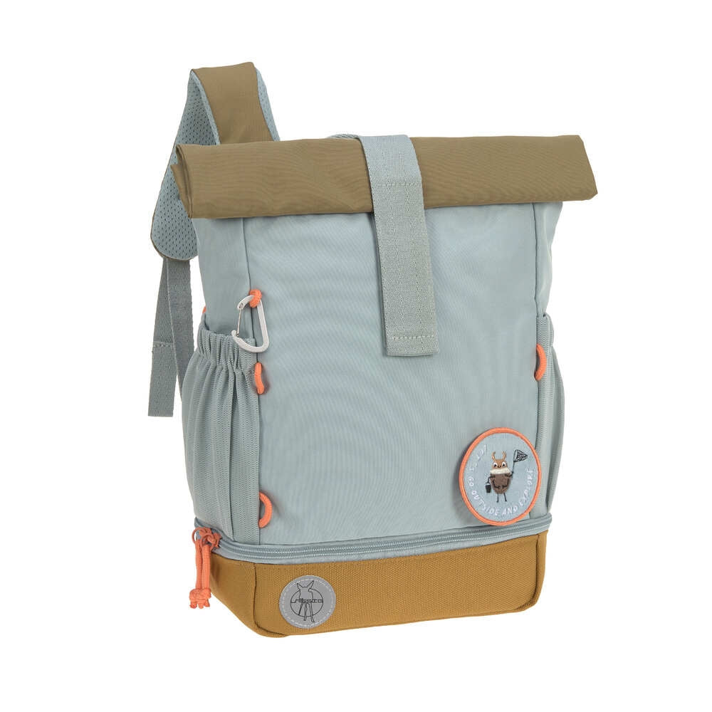 Barnehageryggsekk rolltop Nature light blue forfra