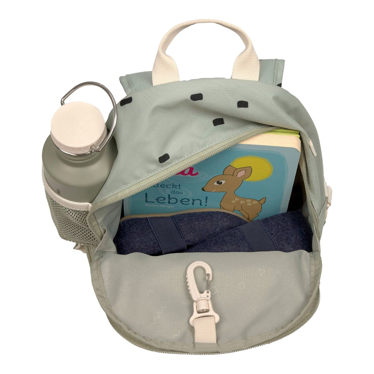 Nærbilde av nettinglomme på Barnehagesekk Mini Backpack Happy Prints med brystrem