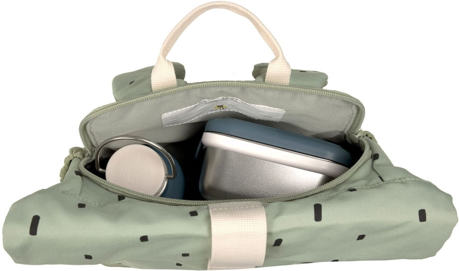 Barnehagesekk Mini Rolltop Happy Prints light olive med åpen rolltop-åpning