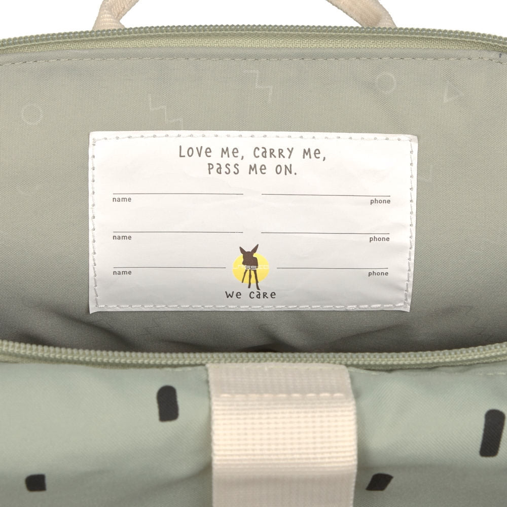 Elastiske ytterlommer på barnehagesekk Mini Rolltop Happy Prints light olive
