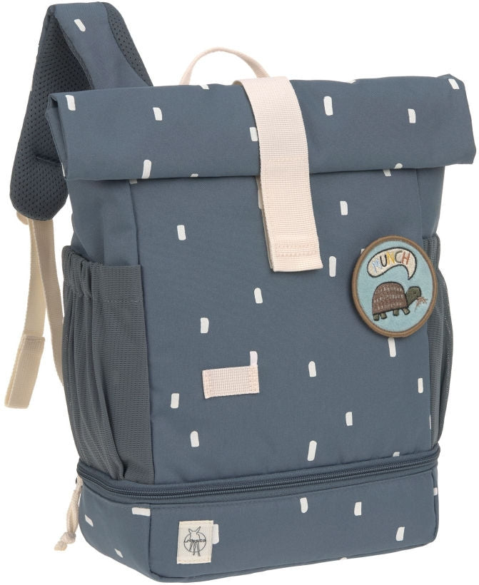 Barnehagesekk Mini Rolltop Happy Prints midnight blue bakside med glidelåslomme