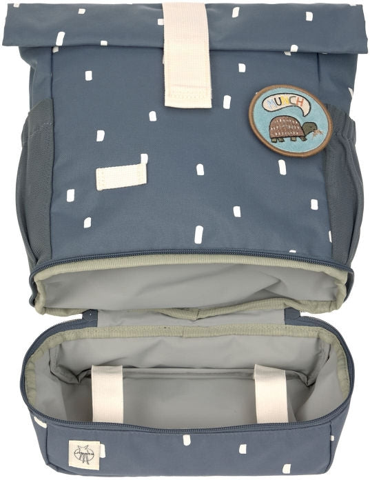 Barnehagesekk Mini Rolltop Happy Prints midnight blue nærbilde av rolltop åpning