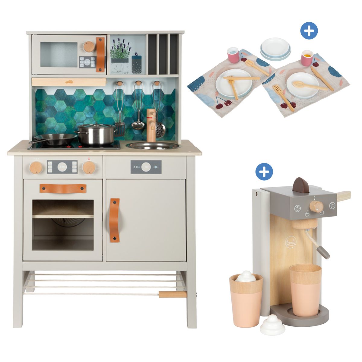 Barnekjokken med servise 18 deler og kaffemaskin 7 deler - small foot sett forfra