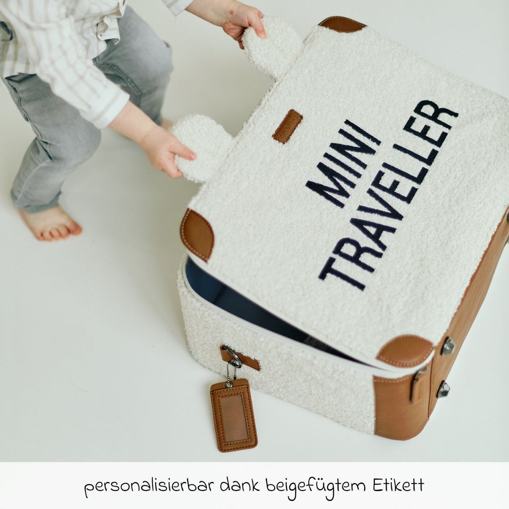 Barnekoffert Mini Traveller i teddystoff med bærestropp åpen