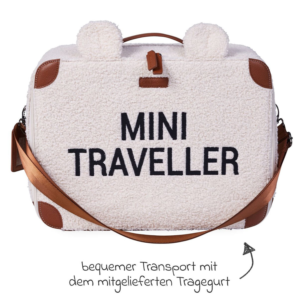 Barnekoffert Mini Traveller i teddystoff med bærestropp bakside