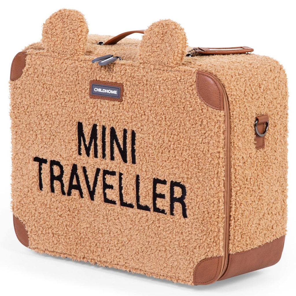 Barnekoffert Mini Traveller i teddystoff, brun forfra