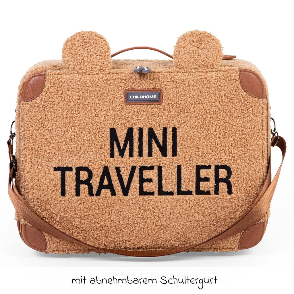 Barnekoffert Mini Traveller i teddystoff, brun bakside