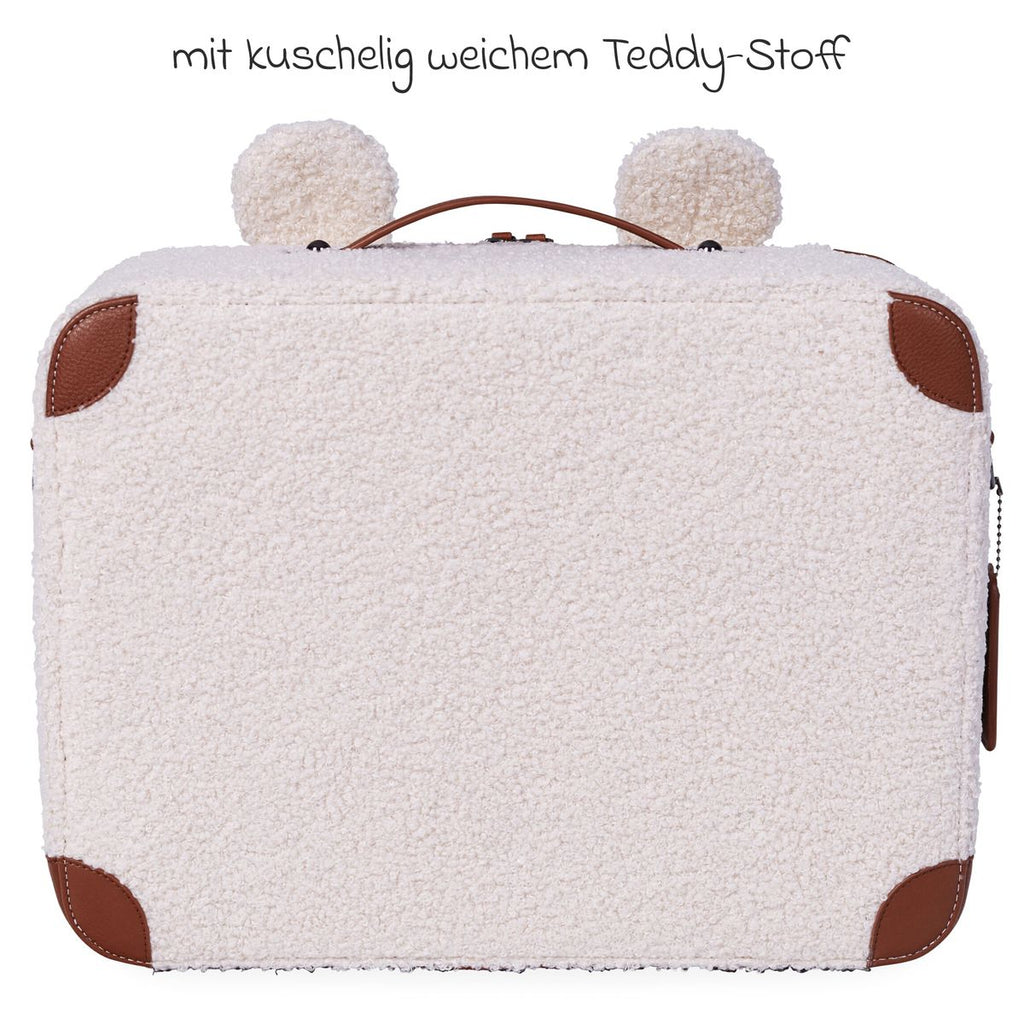 Detalj av Barnekoffert Mini Traveller i teddystoff med bærestropp