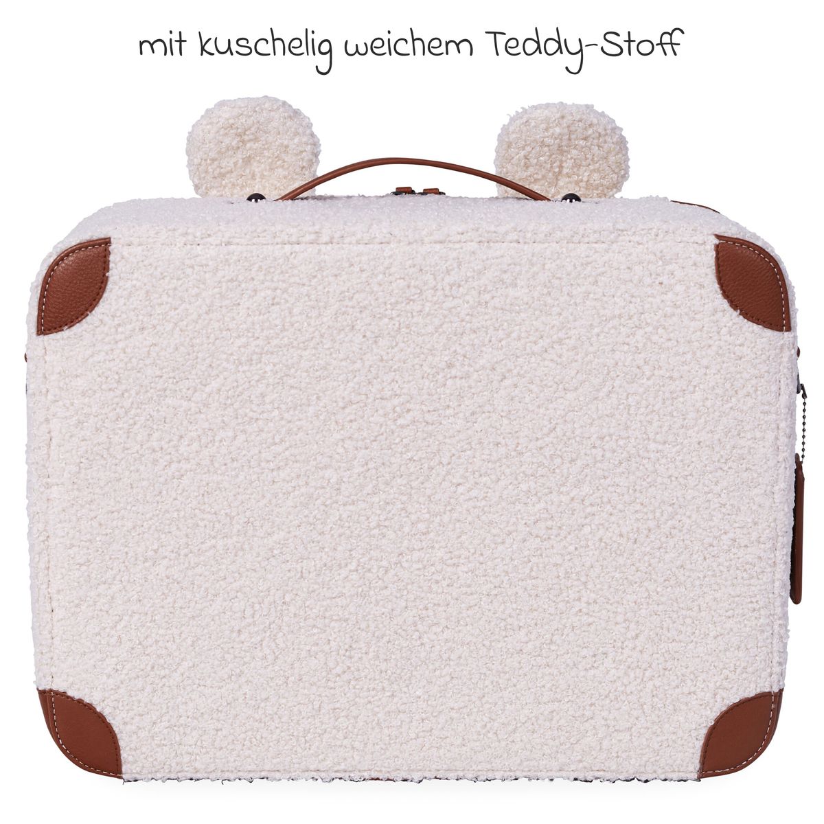 Detalj av Barnekoffert Mini Traveller i teddystoff med bærestropp