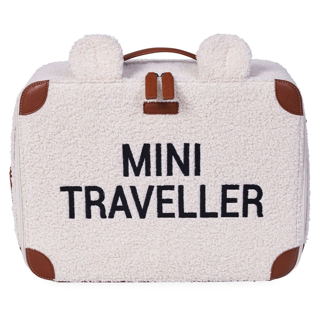 Barnekoffert Mini Traveller i teddystoff med bærestropp forfra