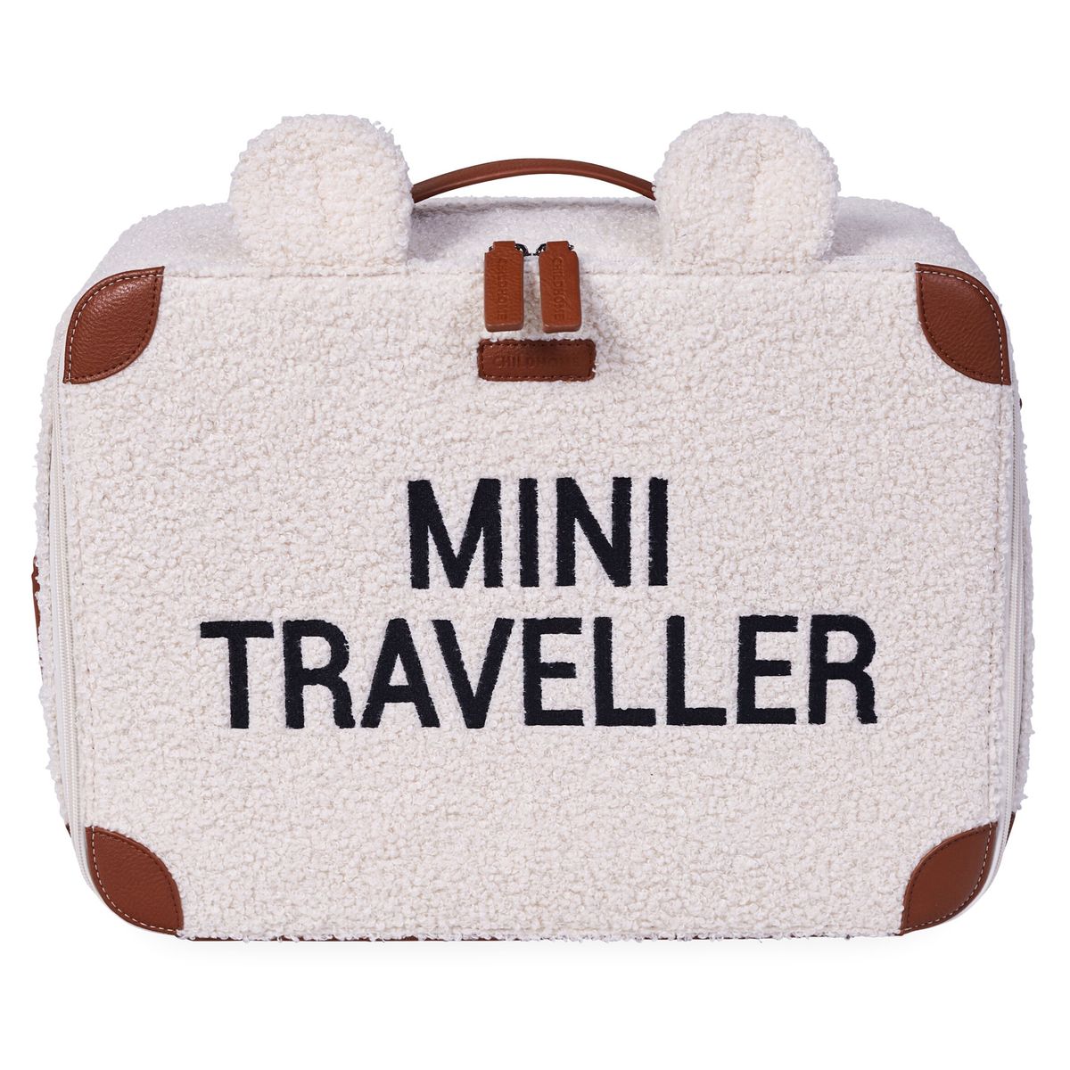 Barnekoffert Mini Traveller i teddystoff med bærestropp forfra