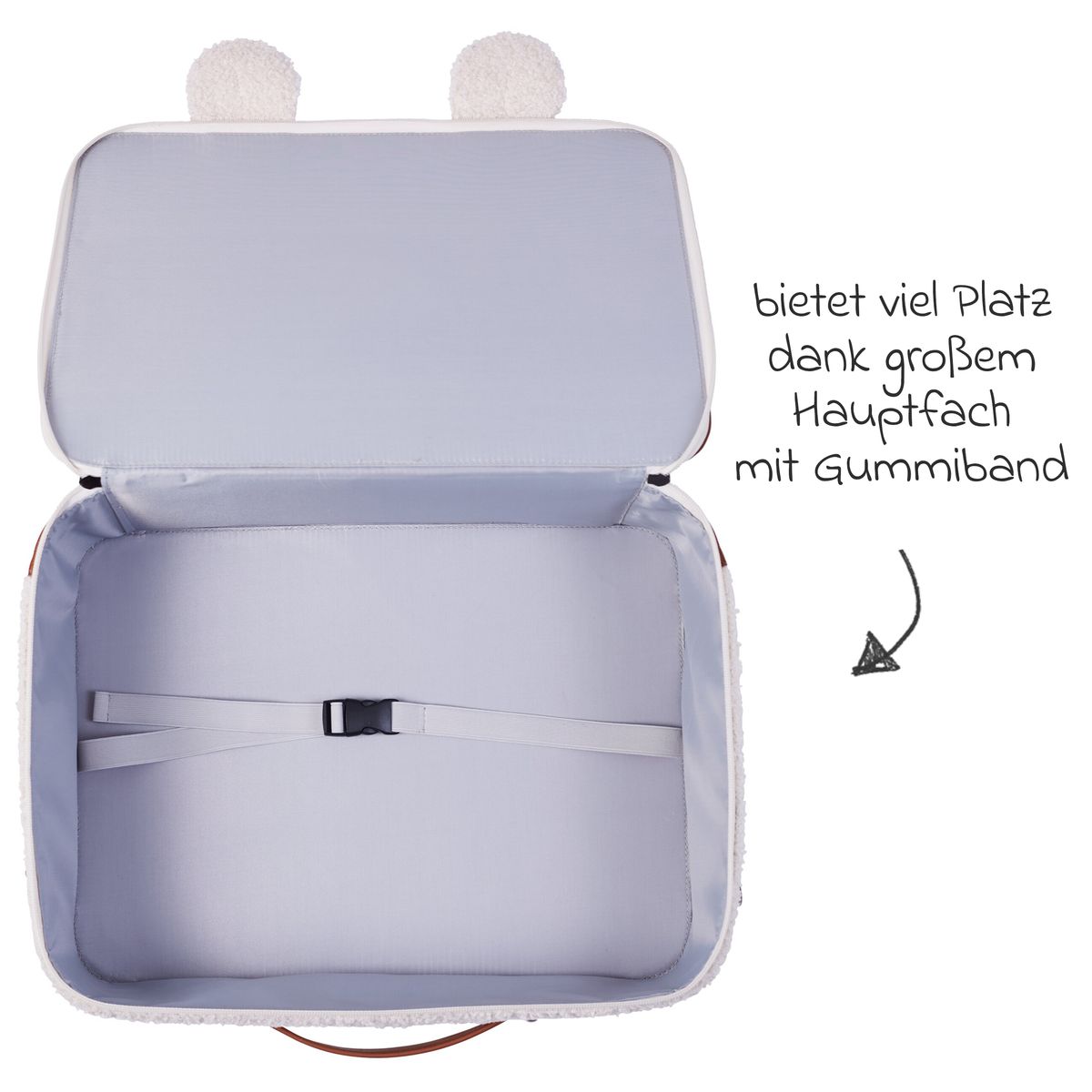 Nærbilde av stoffet på Barnekoffert Mini Traveller i teddystoff med bærestropp