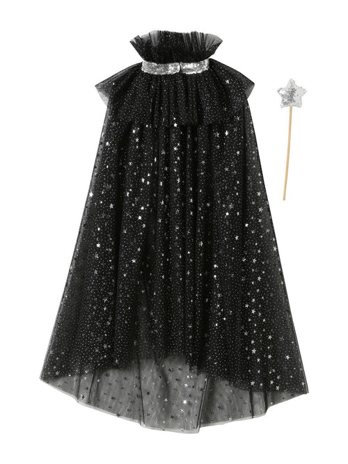 Barnekostyme med glitterkappe og tryllestav i tyll bakside